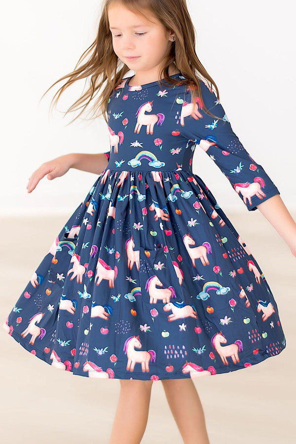 painted-skies-3-4-sleeve-pocket-twirl-dress Mila &  Rose - Sophia's Style-Painted Skies 3/4 Sleeve Pocket Twirl Dress-6-12M--1